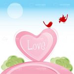 Pink Heart with Abstract Red Birds and Love Text